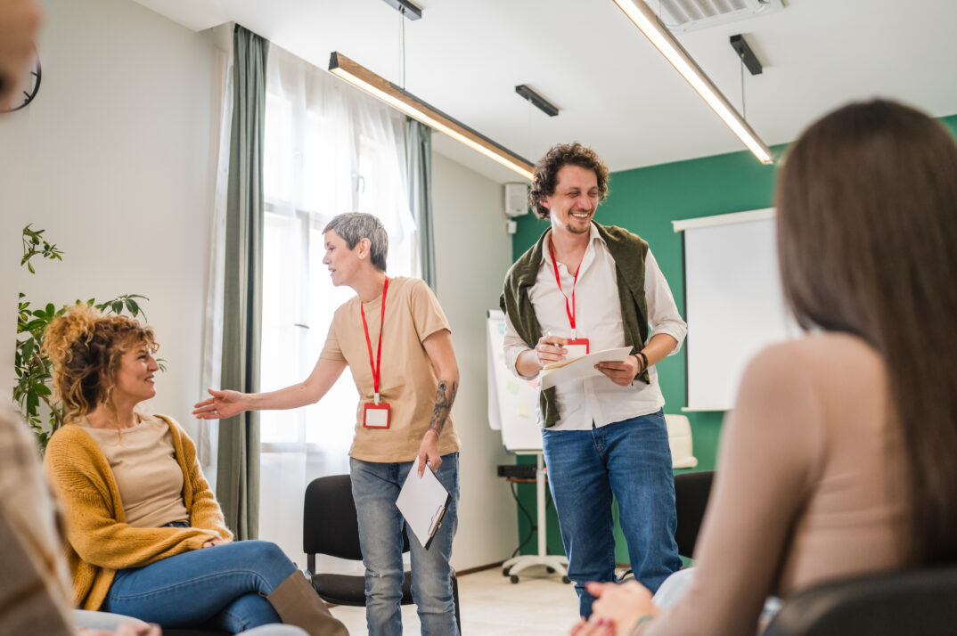 Coworkers take part in a workshop exercise.